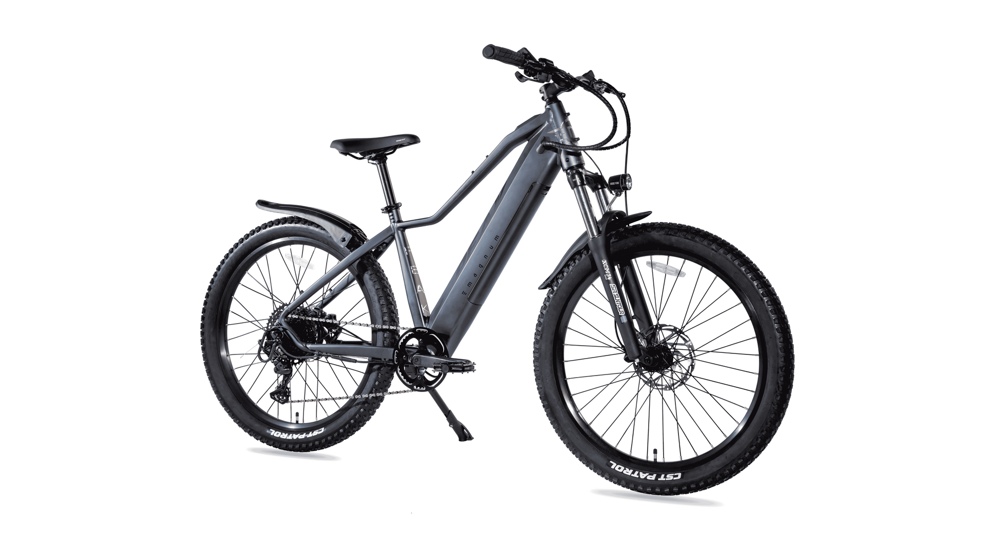 A matte grey Magnum Peak 2.0 electric mountain bike by Magnum, featuring front suspension, disc brakes, thick tires, and a torque sensor, photographed on a white background.