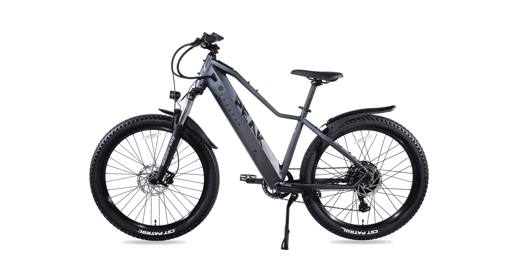 Side view of a gray Magnum Peak 2.0 electric mountain bike with thick tires, front suspension, rear rack, and “Magnum” branding on the frame, featuring a responsive torque sensor for smoother rides.