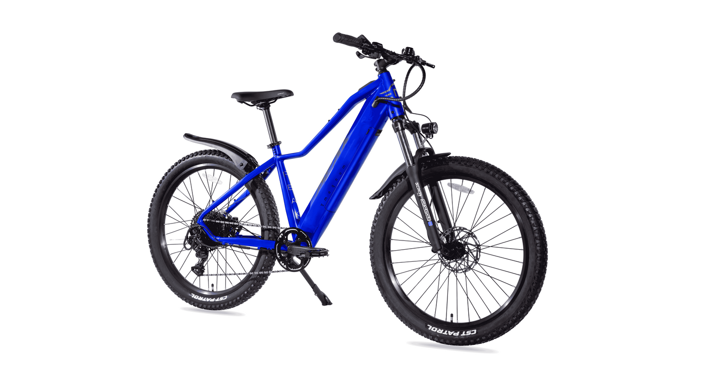 The Magnum Peak 2.0 by Magnum features a torque sensor, front suspension fork, disc brakes, knobby tires, and a downtube-integrated battery—all displayed against a white background.