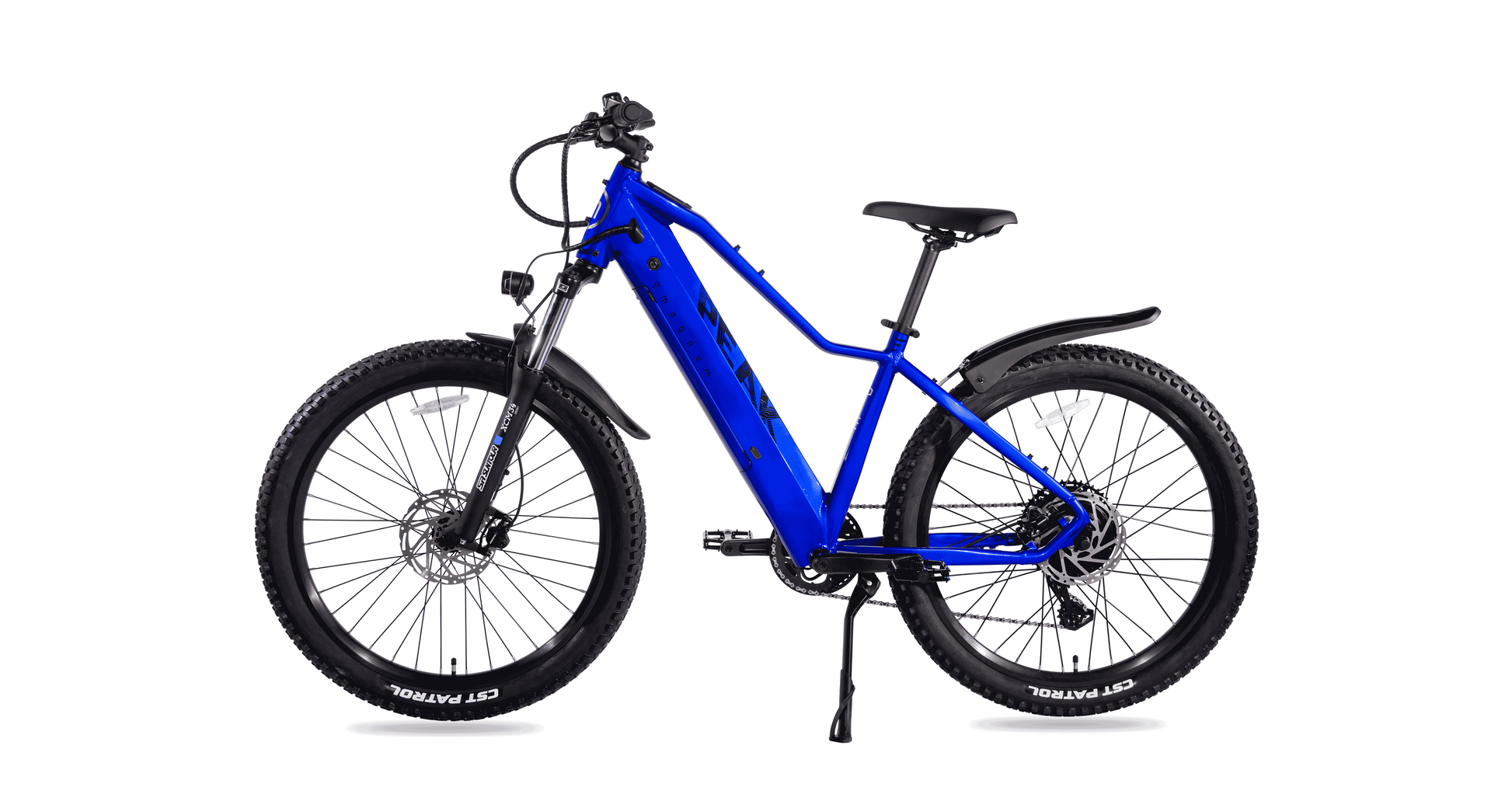 A Magnum Peak 2.0 Electric Mountain Bike by Magnum, shown in profile on a white background, features thick tires, front suspension, a step-through frame, and a torque sensor in blue.