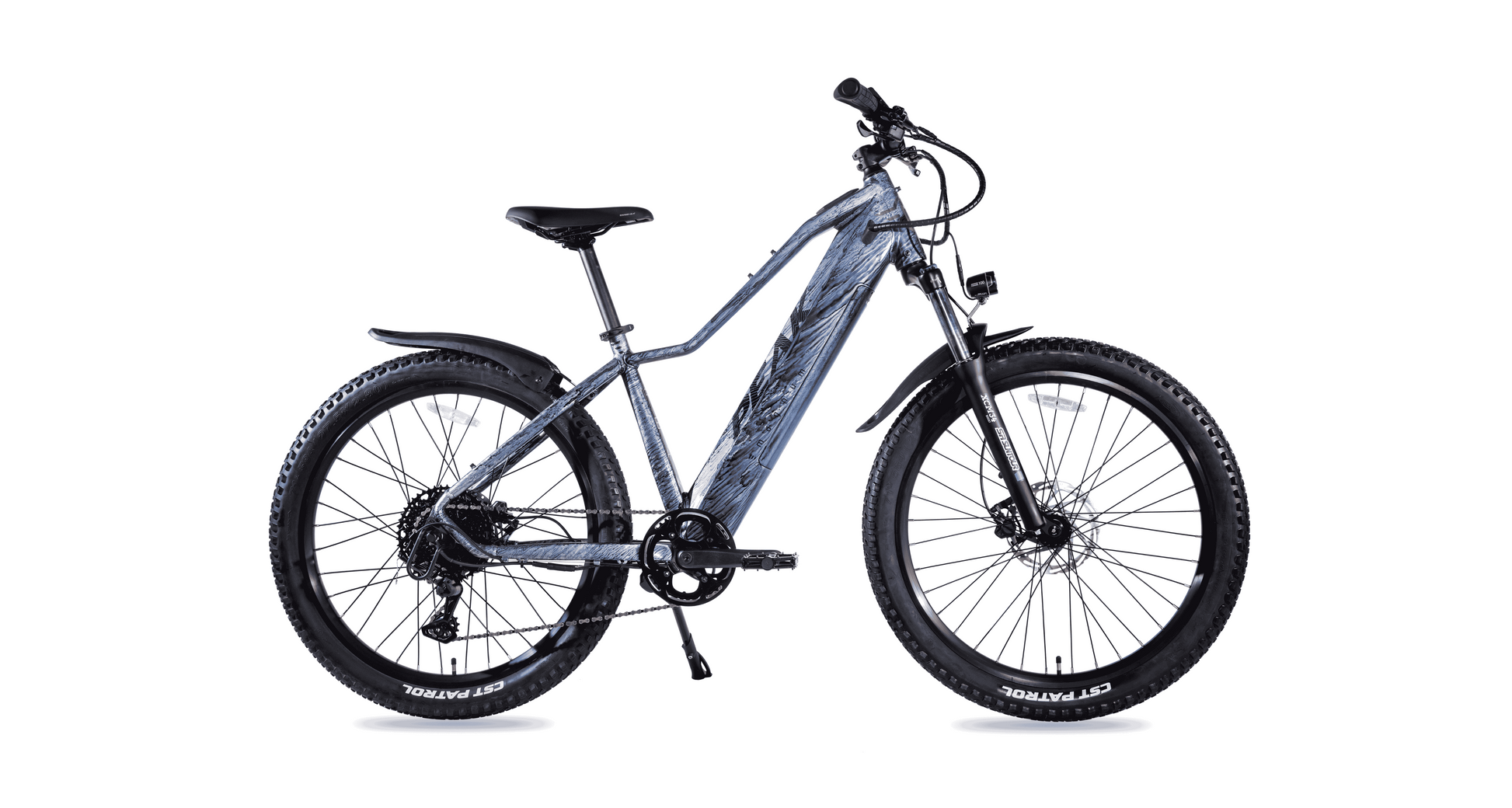 Side view of the Magnum Peak 2.0 electric mountain bike by Magnum, featuring thick tires, front suspension, rear mudguard, and advanced torque sensor, isolated on a white background.