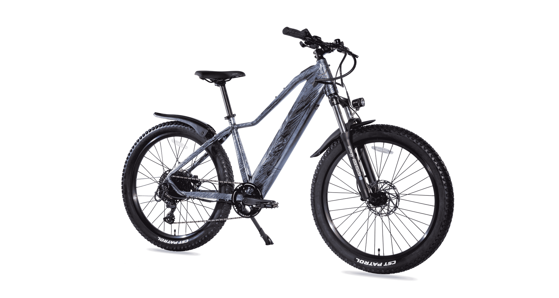 A Magnum Peak 2.0 Electric Mountain Bike by Magnum, featuring wide tires, disc brakes, front suspension, a rear fender, and a responsive torque sensor, is shown in gray on a white background.