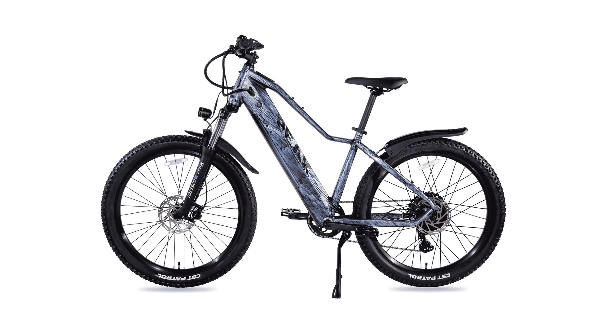The Magnum Peak 2.0 by Magnum is an electric mountain bike with fat tires, torque sensor, front suspension, disc brakes, fenders, and kickstand in sleek black and gray, shown on a white background.