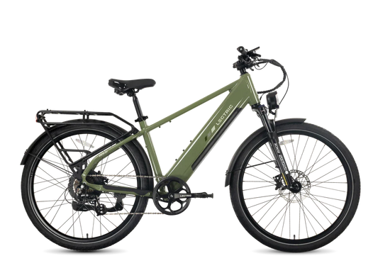 A green Tampa Bay eBikes Lectric Xpress2 is shown from the side on a plain white background, featuring a rear rack, front suspension, and fenders. This powerful commuter electric bike blends practicality and performance in a sleek design.