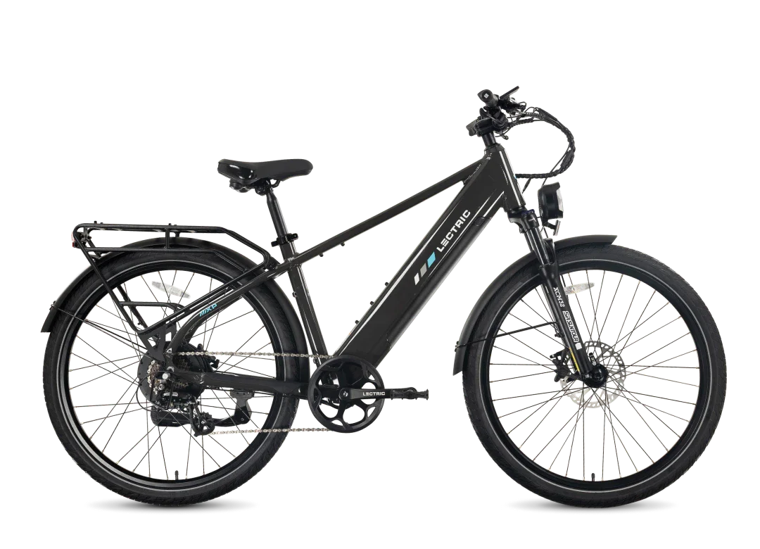 Tampa Bay eBikes Lectric - Xpress2 eBike with front and rear fenders, a rear cargo rack, and a visible battery integrated into the frame, shown in a side profile against a white background. This robust eBike is ideal for commuters who value both reliability and style.