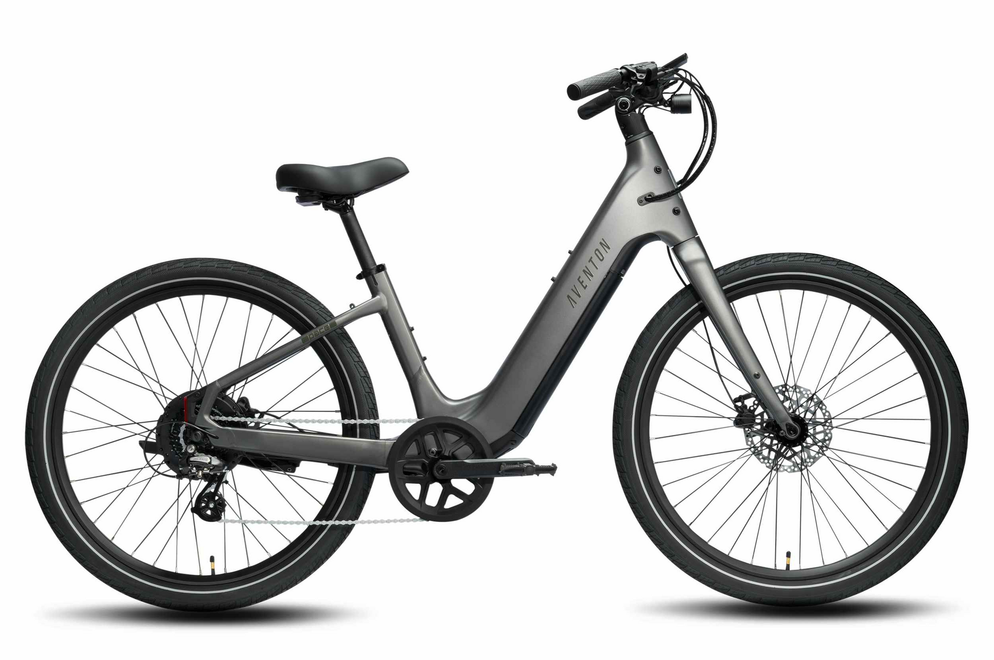 The Aventon Pace 5 REC Step-Through by Aventon features a matte gray finish, disc brakes, wide tires, and an integrated down tube battery. Shown on a white background.