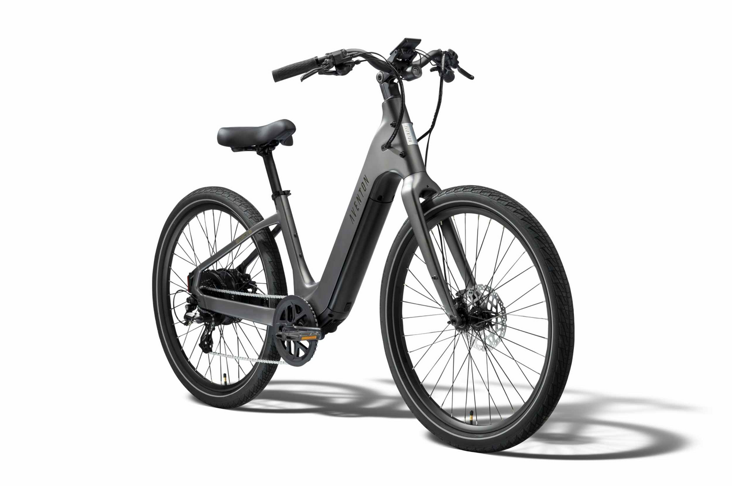 Aventon’s Pace 5 REC Step-Through comfort cruiser, shown in matte gray with flat handlebars and black tires, appears on a white background.