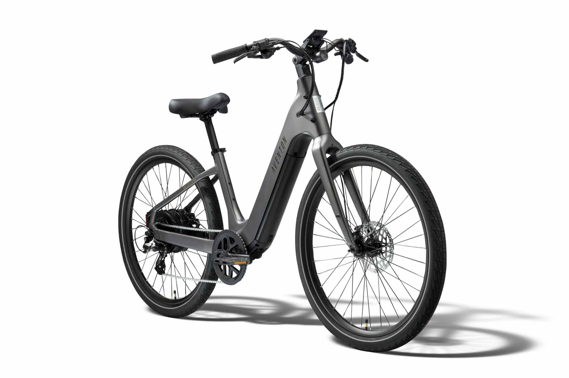 Aventon’s Pace 5 REC Step-Through comfort cruiser, shown in matte gray with flat handlebars and black tires, appears on a white background.
