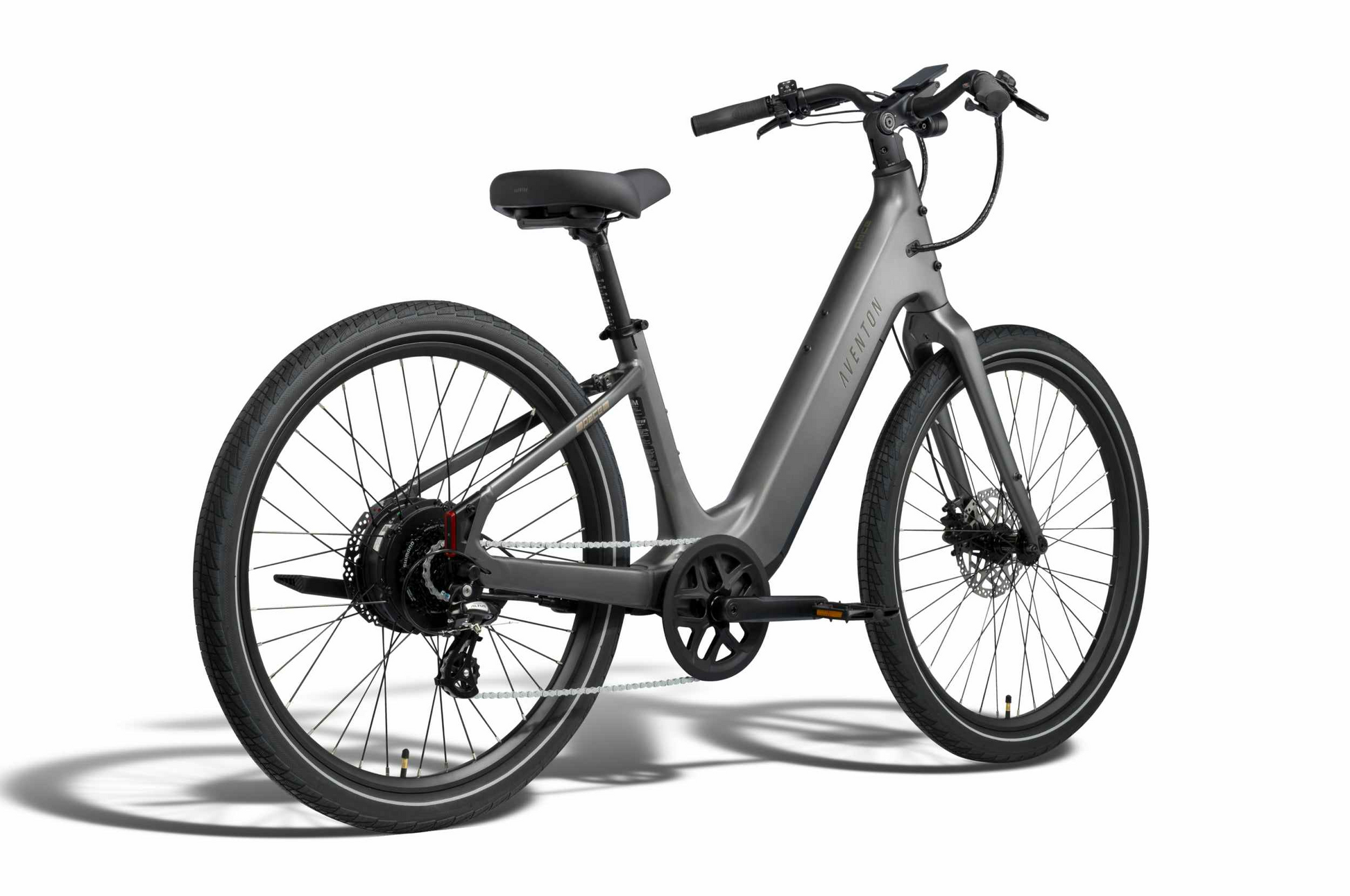 The Aventon Pace 5 REC Step-Through by Aventon is a matte gray comfort cruiser e-bike with disc brakes and flat handlebars, pictured on a white background.