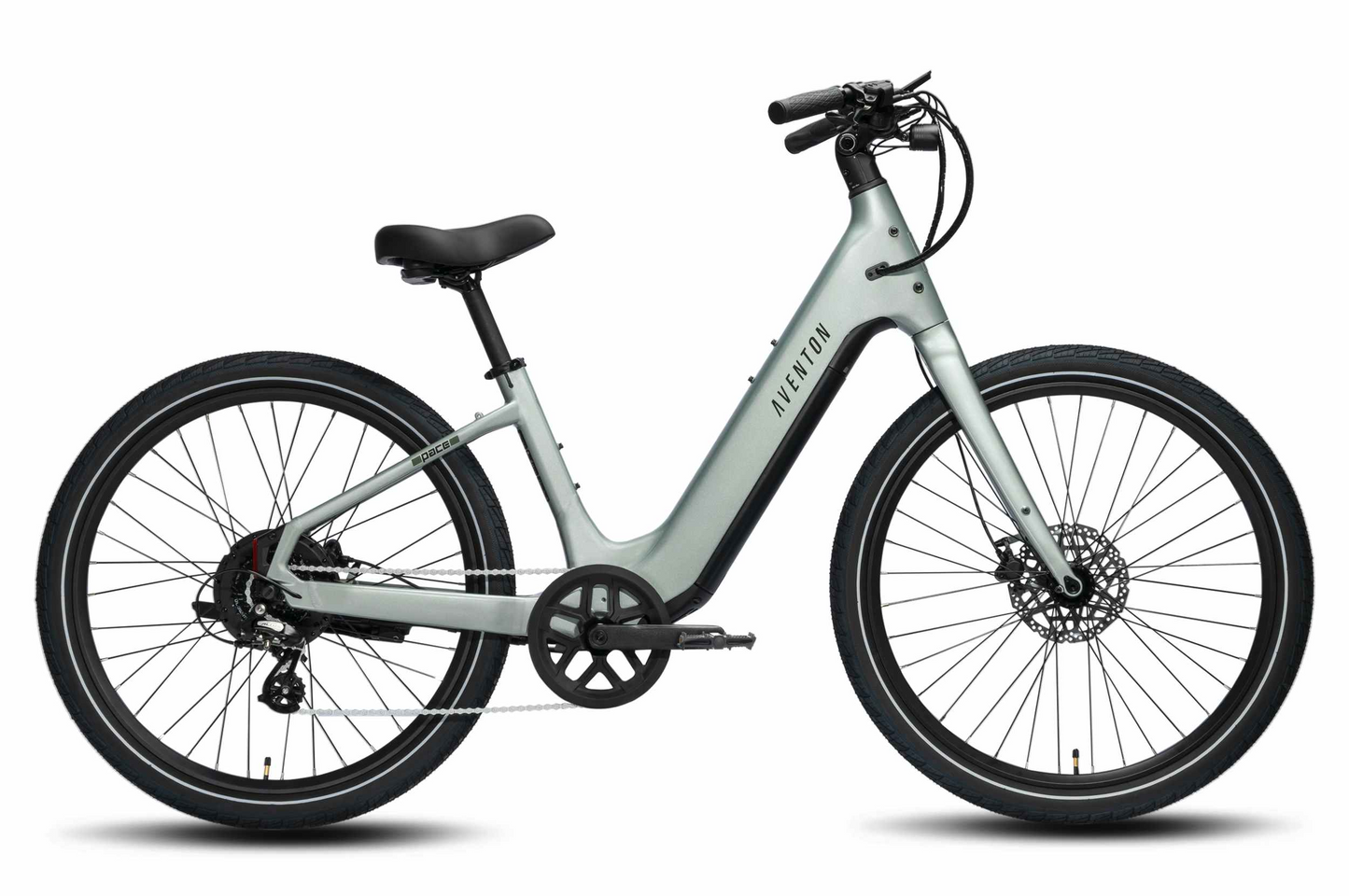 The Aventon Pace 5 REC Step-Through by Aventon is shown in profile against a white background, featuring a silver frame with black handlebars, seat, and tires that highlight its comfort cruiser design.