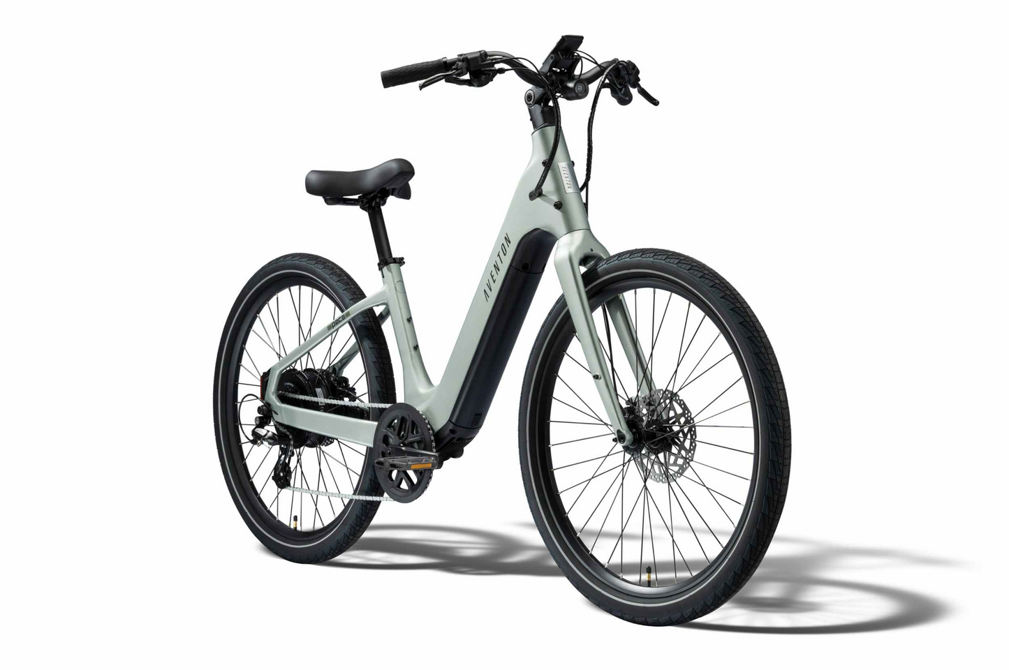 The Aventon Pace 5 REC Step-Through by Aventon features a gray frame, black saddle, disc brakes, and digital display—pictured on white background, it's an ideal comfort cruiser for daily rides.