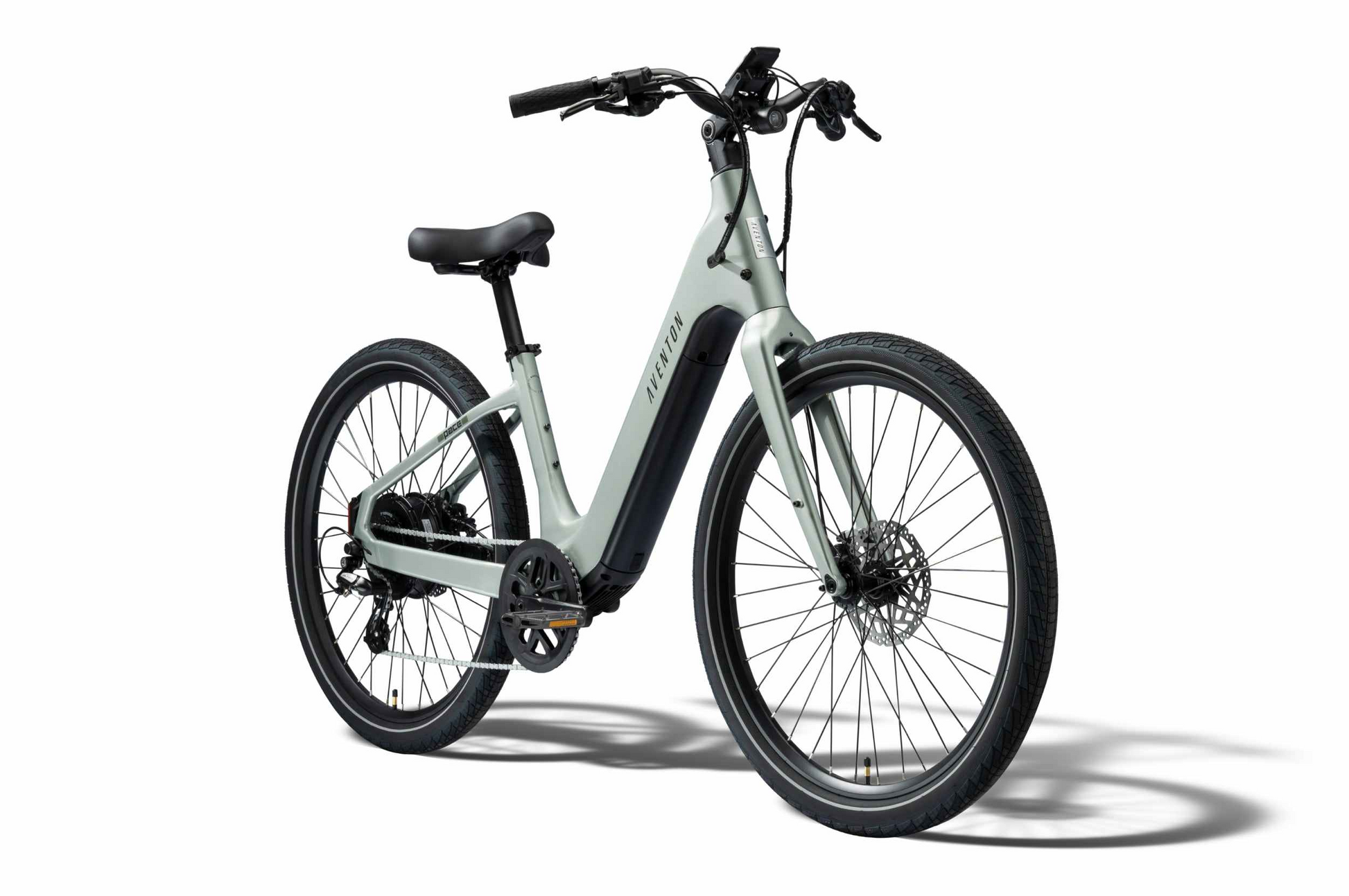 The Aventon Pace 5 REC Step-Through by Aventon features a gray frame, black saddle, disc brakes, and digital display—pictured on white background, it's an ideal comfort cruiser for daily rides.