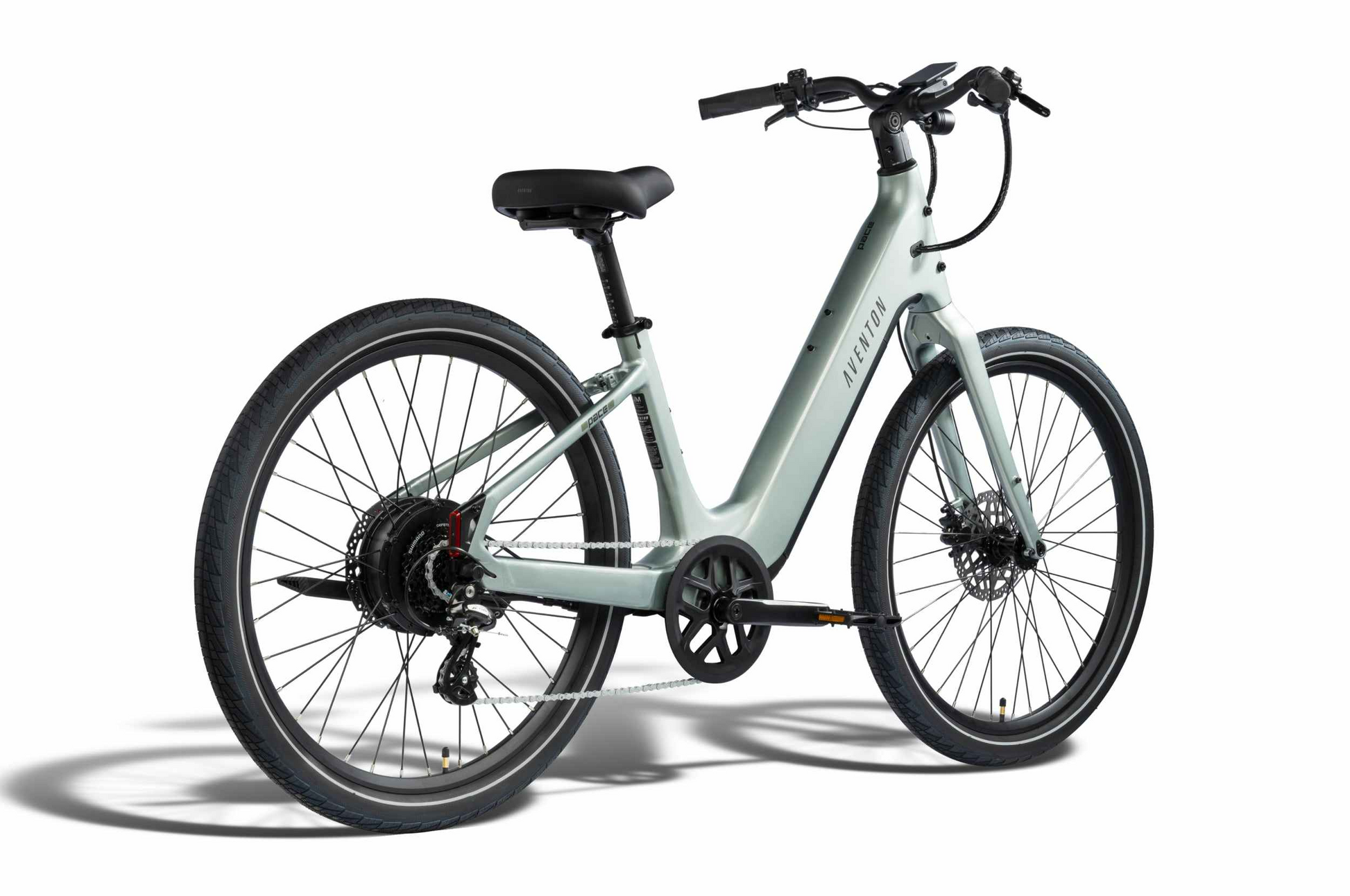 Aventon Pace 5 REC Step-Through electric bike by Aventon, light green with a comfort cruiser design, black seat and handlebars, shown from the rear left on a white background.