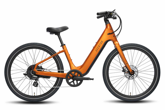 The Aventon Pace 5 REC Step-Through comfort cruiser e-bike by Aventon features a step-through frame, black saddle, black handlebars, and disc brakes. It is shown from the side against a white background.