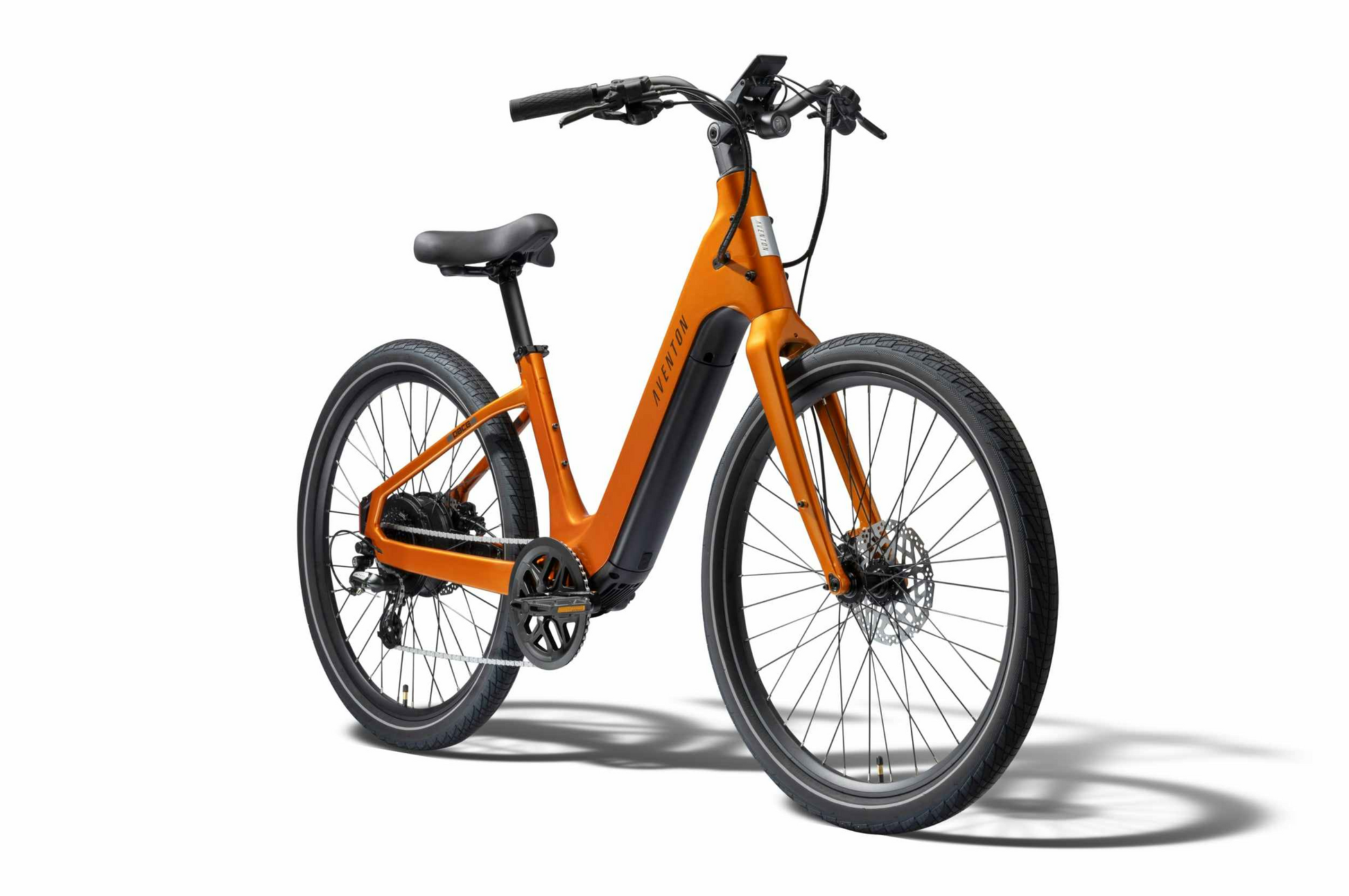 The Aventon Pace 5 REC Step-Through by Aventon features upright handlebars, disc brakes, and black tires. Shown in orange on a white background, this electric bike is an ideal comfort cruiser for relaxed rides.