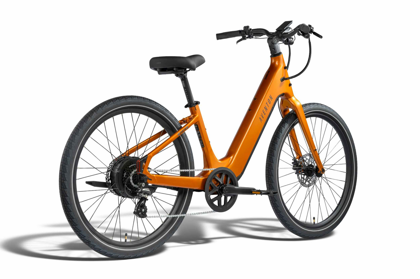 The Aventon Pace 5 REC Step-Through by Aventon is an orange comfort cruiser with a step-through frame, flat handlebars, and a rear hub motor, displayed on a white background.