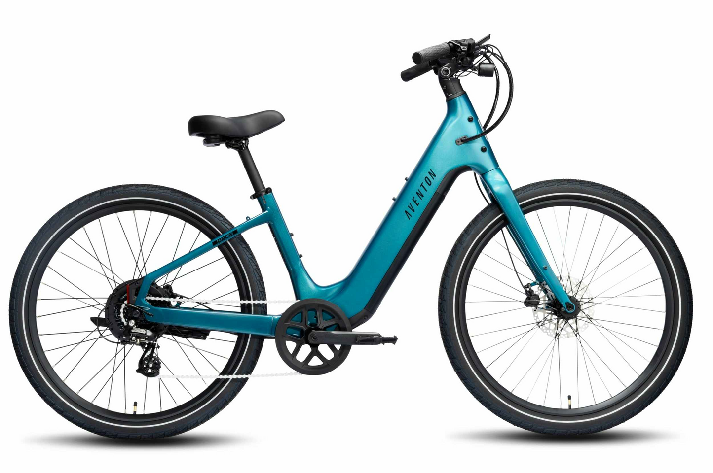 Aventon Pace 5 REC Step-Through electric bicycle by Aventon, in blue, features a comfort cruiser design with a step-through frame, black seat, and black handlebars, shown in side profile on a white background.
