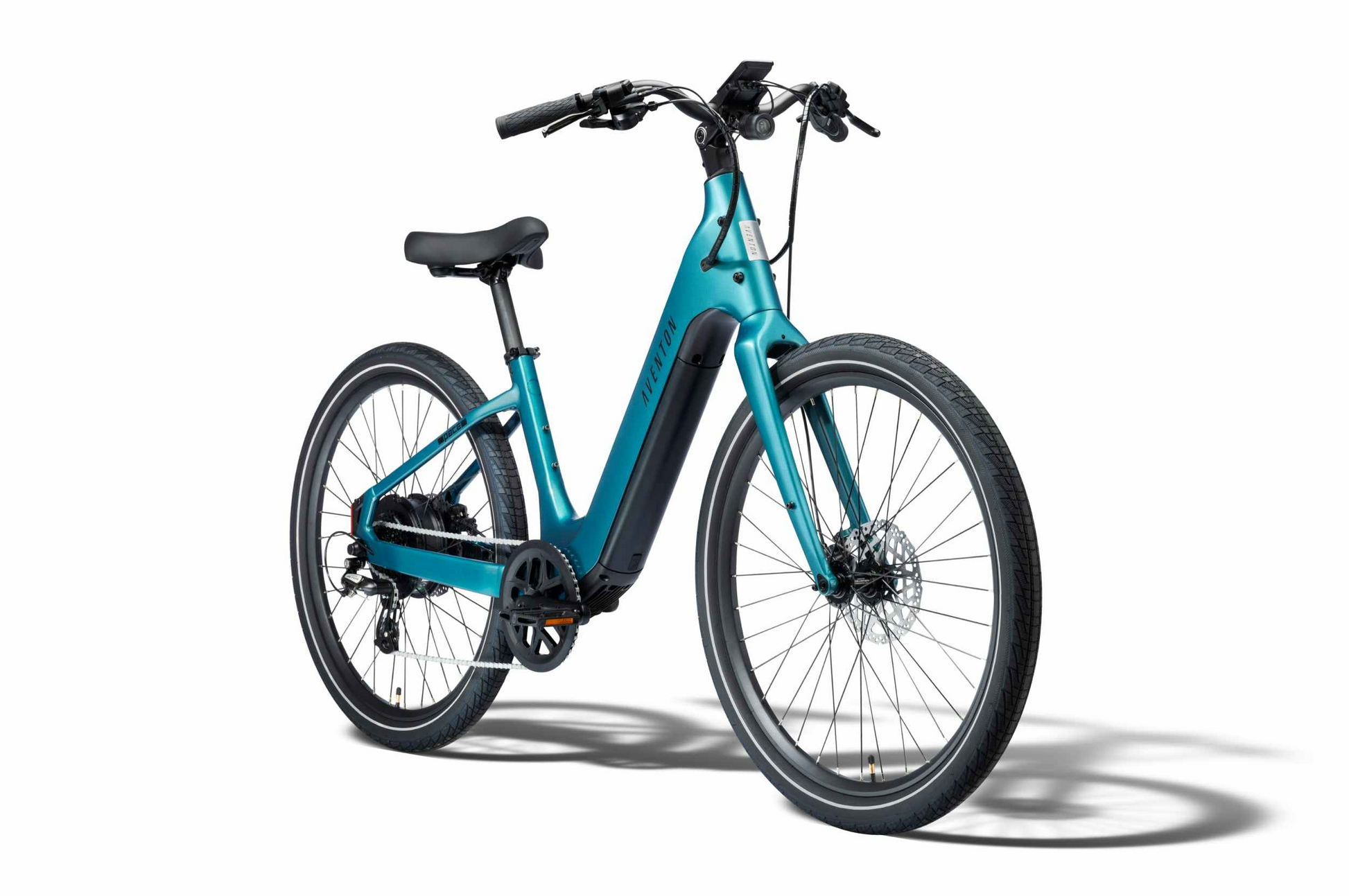 The Aventon Pace 5 REC Step-Through by Aventon is a teal comfort cruiser e-bike with upright handlebars and disc brakes, shown on a white background.