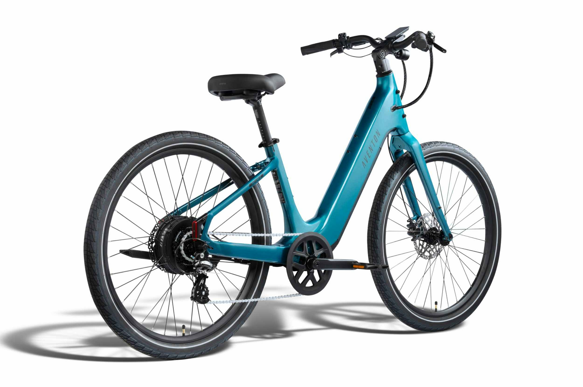 A blue Aventon Pace 5 REC Step-Through electric bike by Aventon, featuring wide tires, disc brakes, and a rear derailleur, is displayed against a white background.