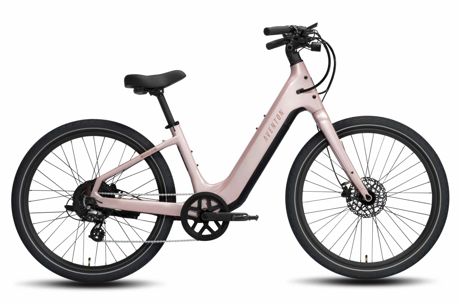 A light pink Aventon Pace 5 REC Step-Through electric bike by Aventon, featuring black handlebars, saddle, and tires, is shown in profile against a white background.