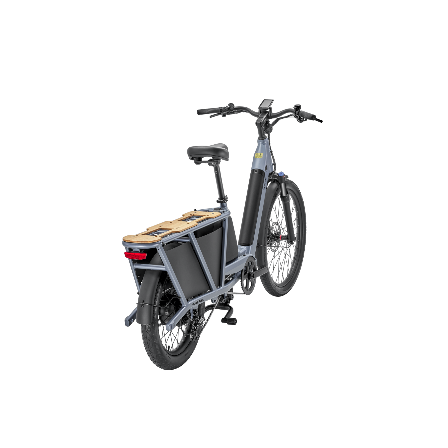 A Velotric - Packer 1 - Indigo Grey electric bike with a wooden box on the back.