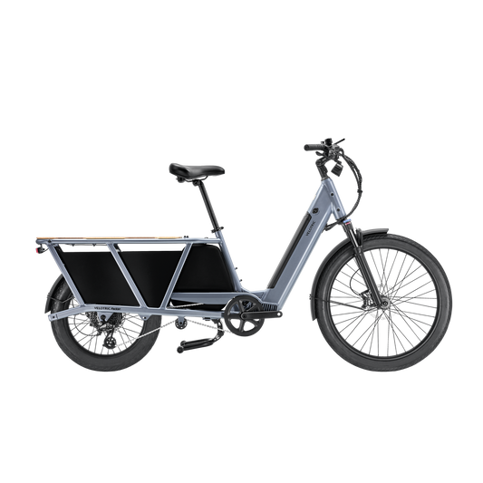 A Velotric Indigo Grey electric bike with a cargo box.