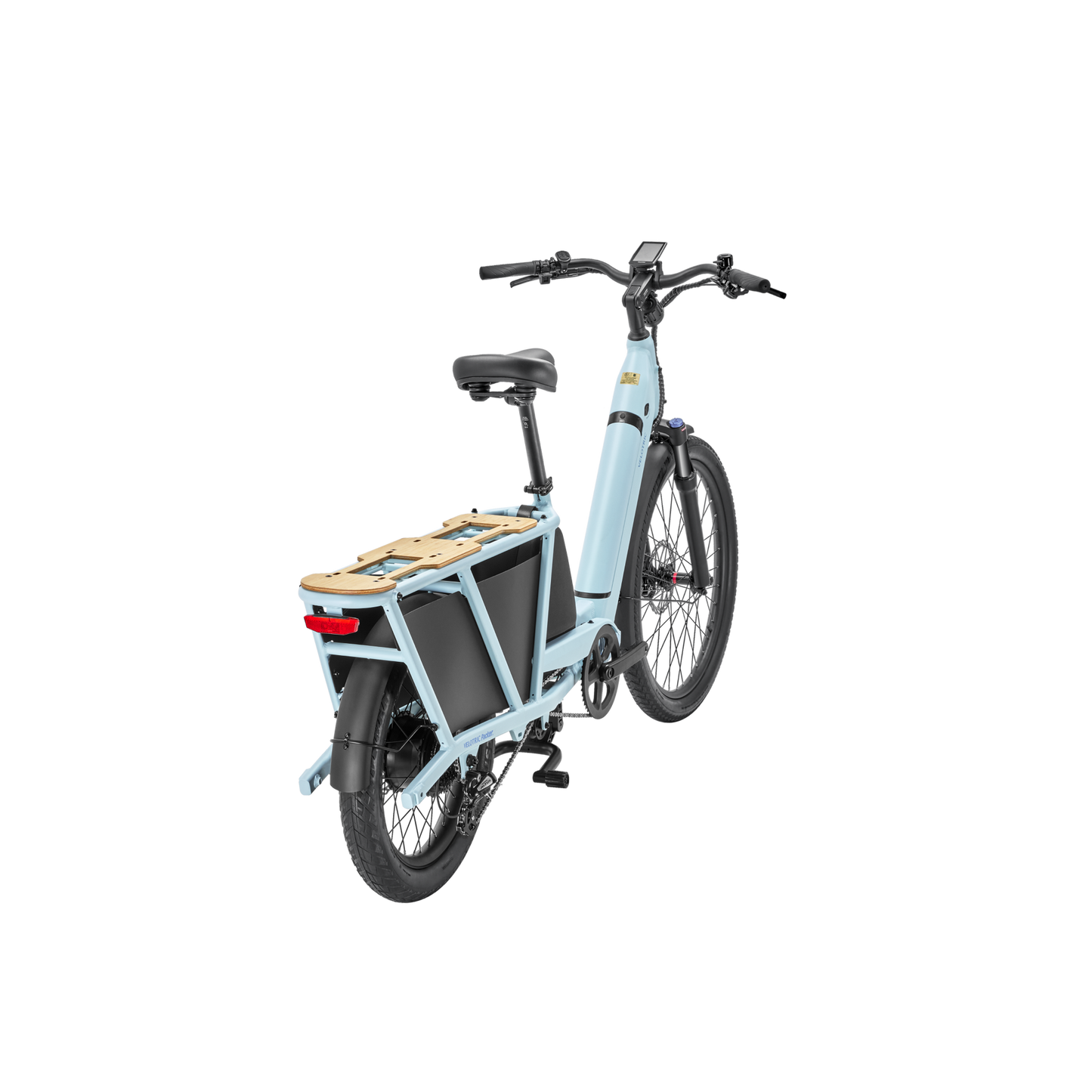 A Velotric Packer 1 - Sky Blue electric bike with a wooden box attached to it.