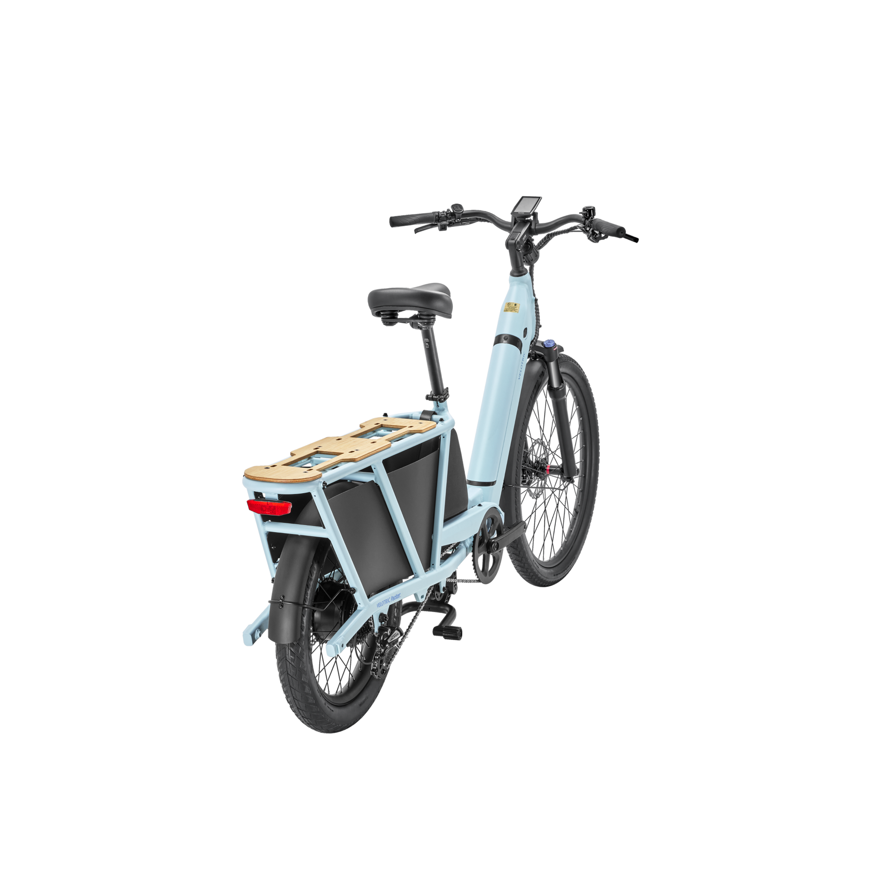 A Velotric Packer 1 - Sky Blue electric bike with a wooden box attached to it.