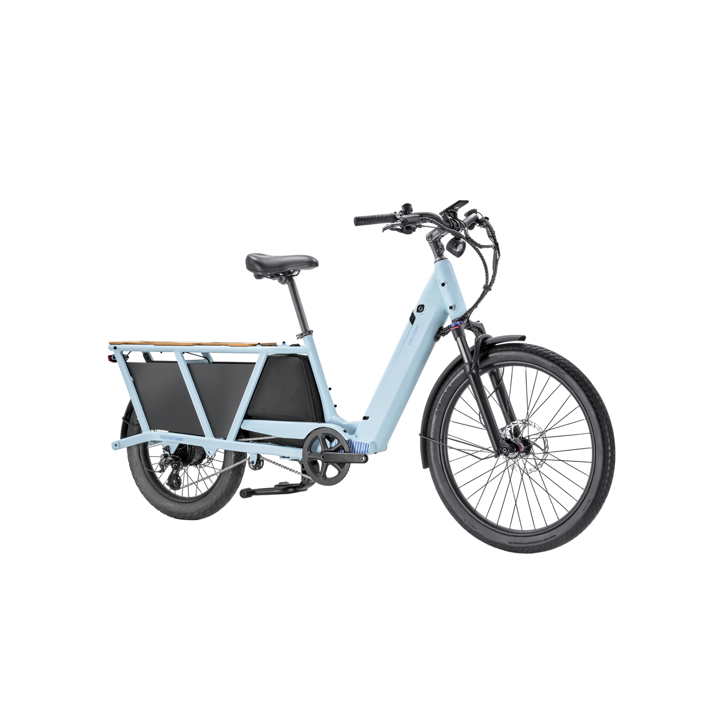 A Velotric - Packer 1 - Sky Blue electric bike with a cargo box.