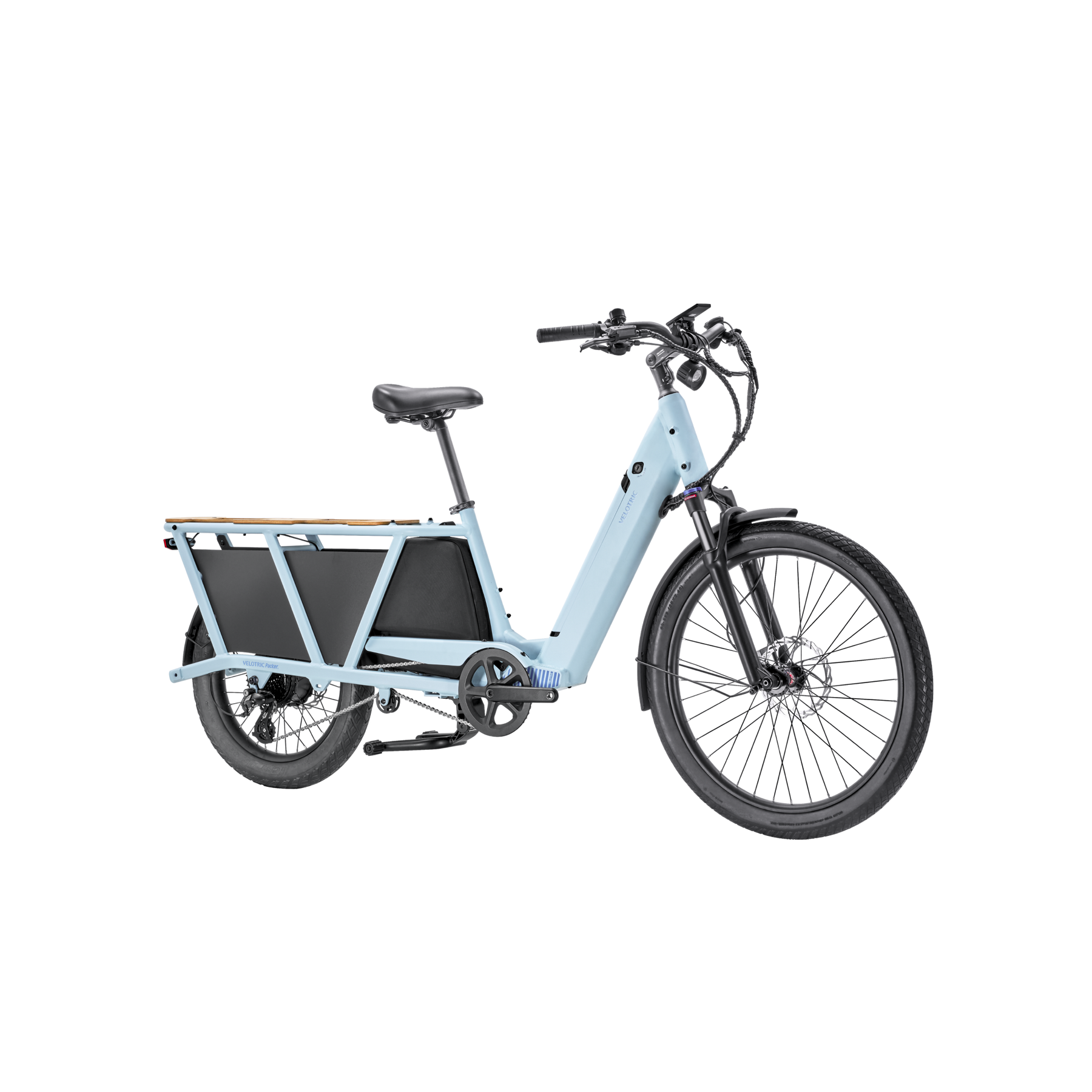 A Velotric - Packer 1 - Sky Blue electric bike with a cargo box.