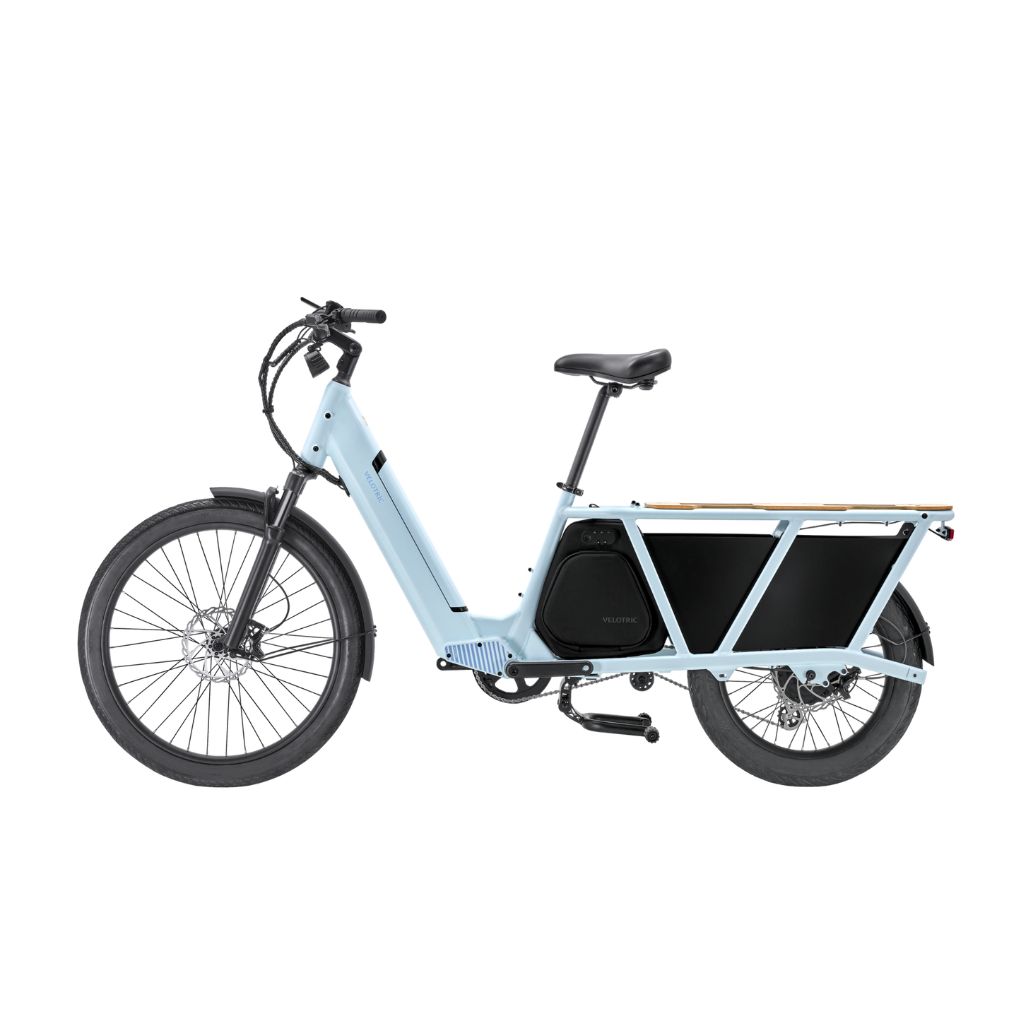 A Velotric - Packer 1 - Sky Blue electric bike with a cargo box.