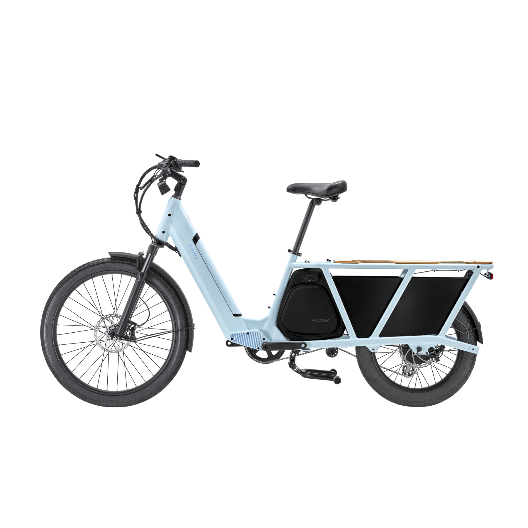 A Velotric - Packer 1 - Sky Blue electric bike with a cargo box.