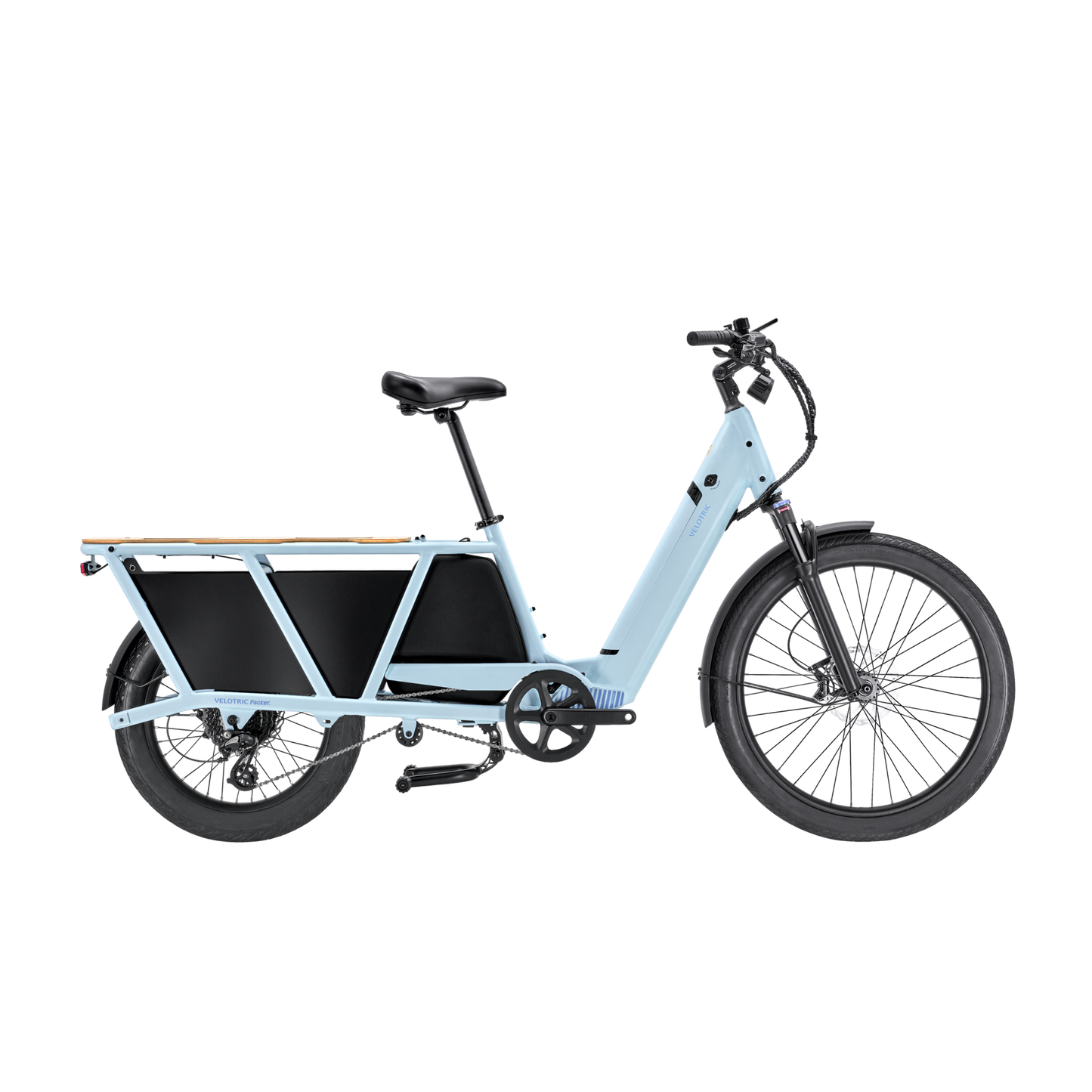 A Velotric - Packer 1 - Sky Blue electric bike with a black background.