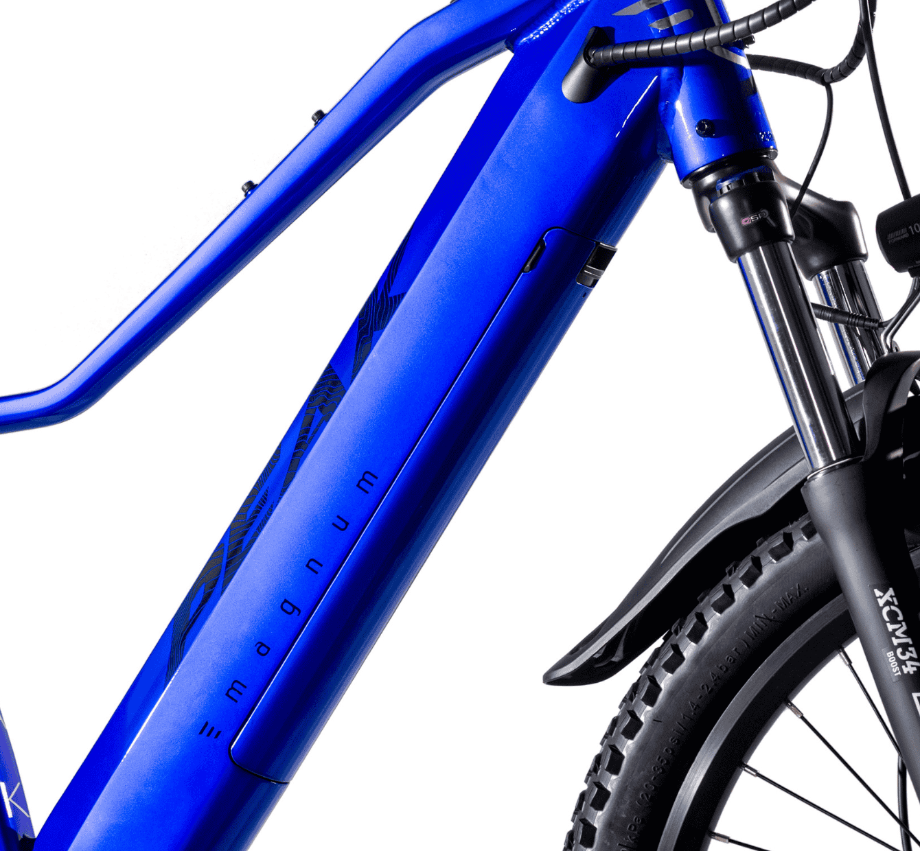 Close-up of the Magnum Peak 2.0 by Magnum, featuring its blue frame, integrated battery, front suspension fork, and partially shown front wheel with a fender—ideal for riders who value a responsive torque sensor system.