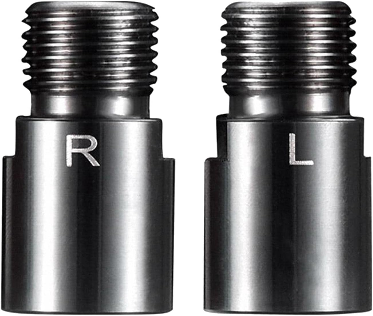 Two Tampa Bay eBikes pedal extenders - black for cycling shoes, labeled "r" for right and "l" for left, with threaded tops designed to enhance the cycling experience.