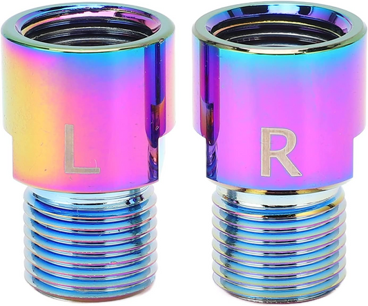 Two colorful metal tire valve caps with "L" and "R" labels, enhancing the cycling experience with a rainbow iridescent finish for Pedal Extenders - Oil Slick from Tampa Bay eBikes.