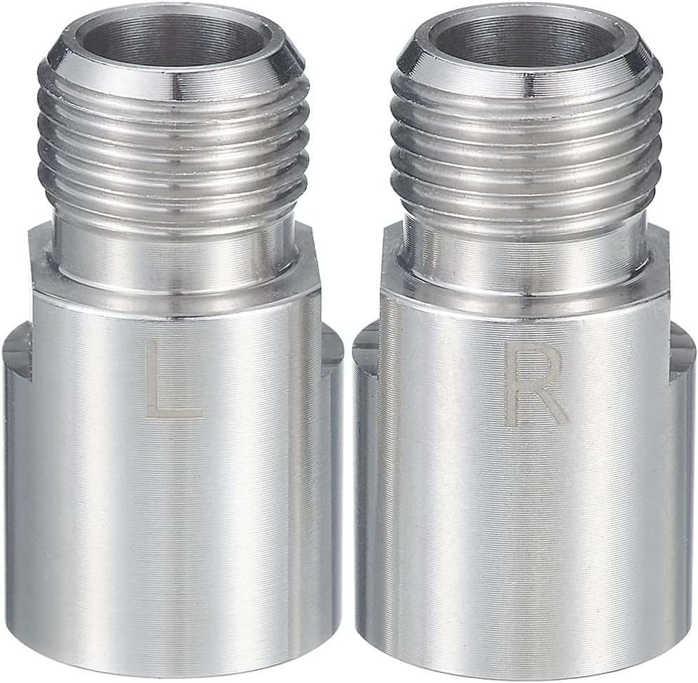 Two silver Tampa Bay eBikes Pedal Extenders with threaded ends labeled "L" and "R" for left and right orientation.