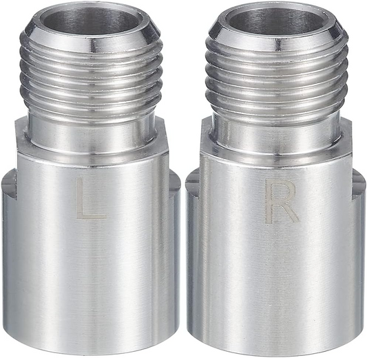 Two silver Tampa Bay eBikes Pedal Extenders with threaded ends labeled "L" and "R" for left and right orientation.