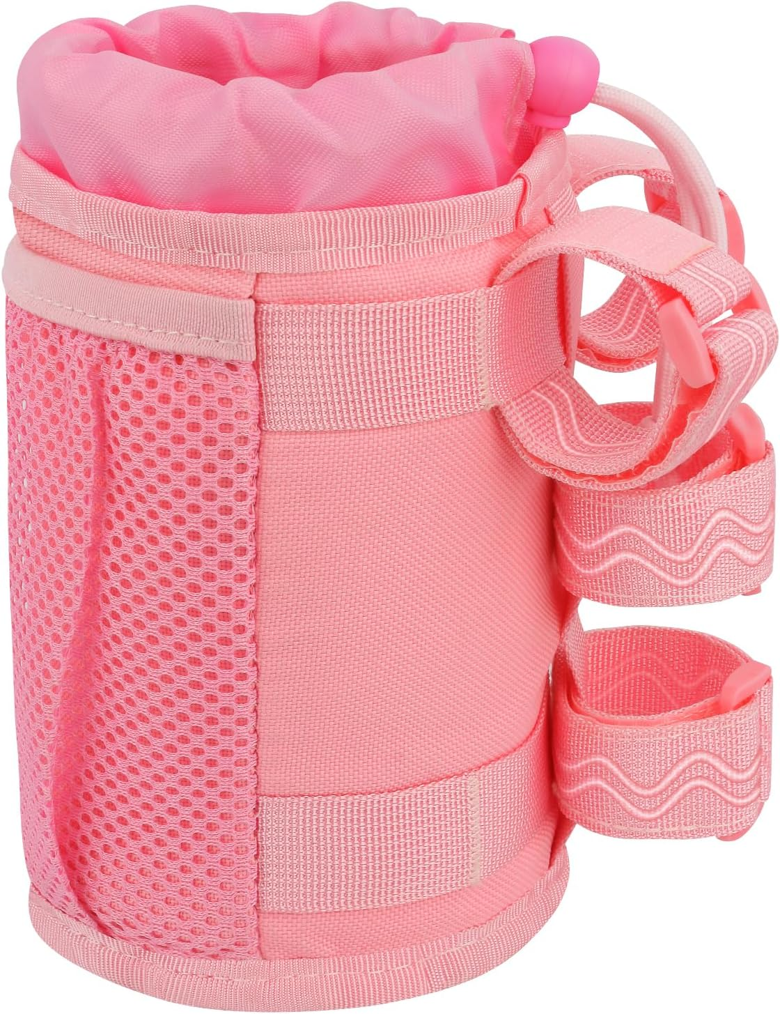 The Tampa Bay eBikes Color Splash Cup / Bottle Holder with Pocket features a pink fabric, mesh pocket, adjustable straps, and a drawstring closure—perfect for keeping drinks secure and accessible on any roll bar.