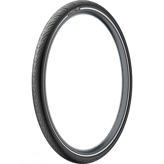 The Pirelli Cycl-e GT 27.5x2.35 tire, shown in black with a subtle tread, stands upright against a white background—ideal for e-bikes or city bikes.
