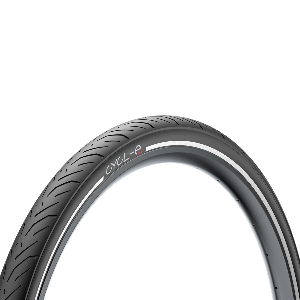 A close-up of the Pirelli Cycl-e GT 27.5x2.35 black city bike tire features a tread pattern, white sidewall stripe, and "CYCL-E" in gray and red—ideal for e-bike use.