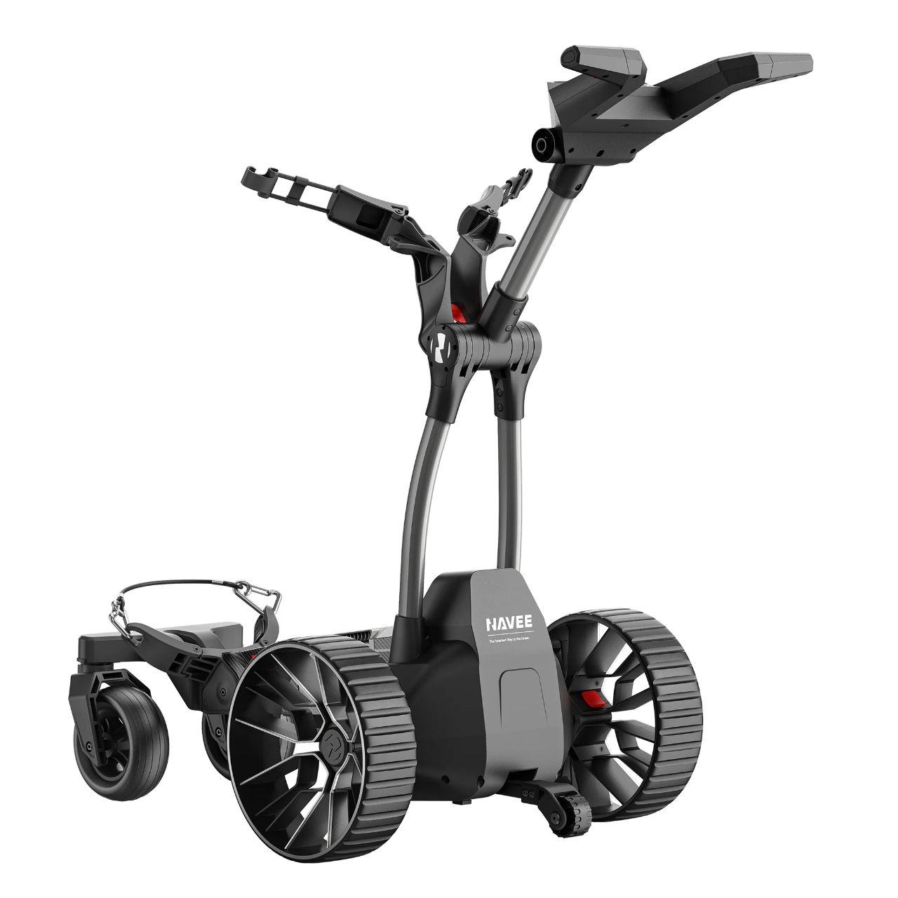 Experience easy rounds with the Navee Birdie 3X by Navee, an electric golf push cart featuring large wheels, a handle, and equipment holder—ideal for Tampa Bay golfers. Shown in sleek black and gray on a white background.