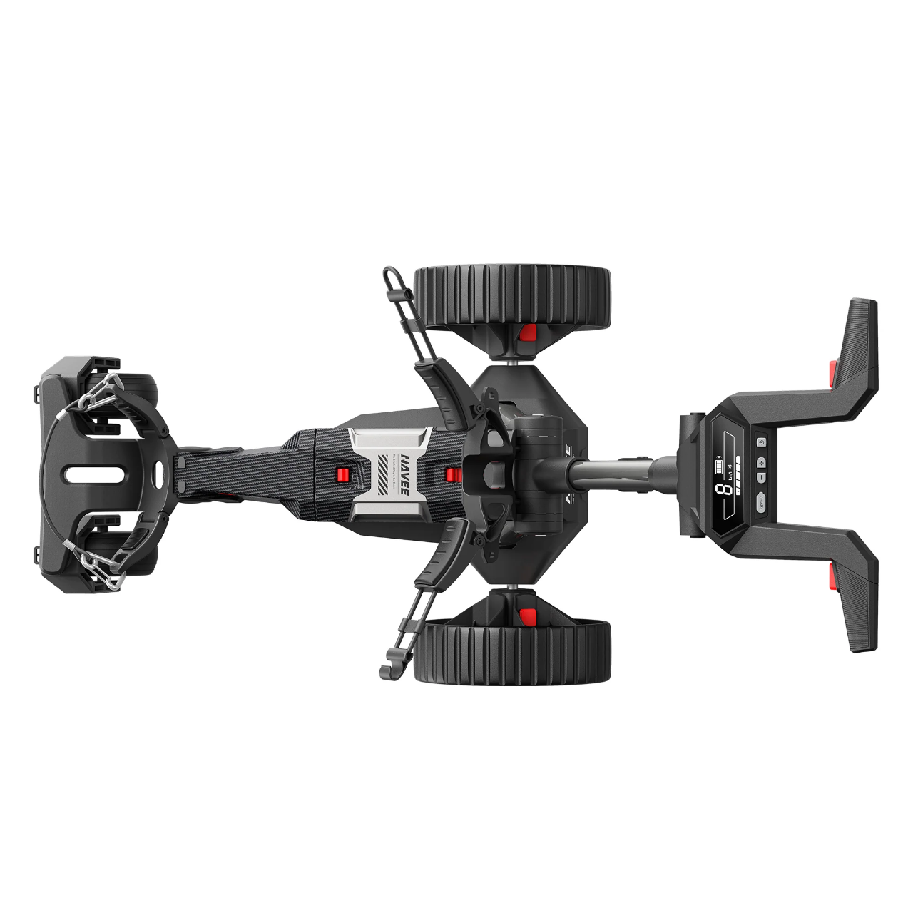 Top view of the Navee Birdie 3X by Navee, a black and silver electric lawn mower with a digital display, large wheels, and red accents—its sleek design draws inspiration from modern auto-follow golf cart technology.