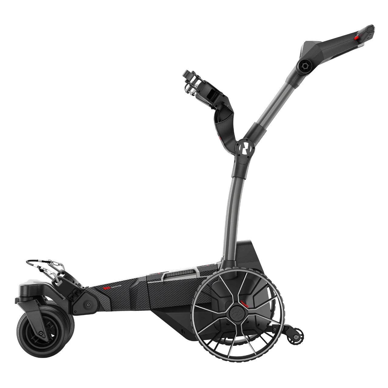 The Navee Birdie 3X by Navee is a modern black electric golf push cart with a tall handle, large rear wheels, and a compact front wheel—ideal for Tampa Bay golfers who value style and convenience.
