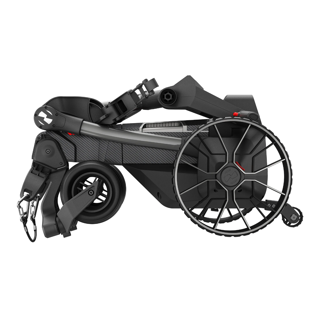 The Navee Birdie 3X by Navee is a folded electric wheelchair with large rear wheels, smaller front wheels, and a black and gray frame—resembling an electric golf push cart often seen on Tampa Bay courses.