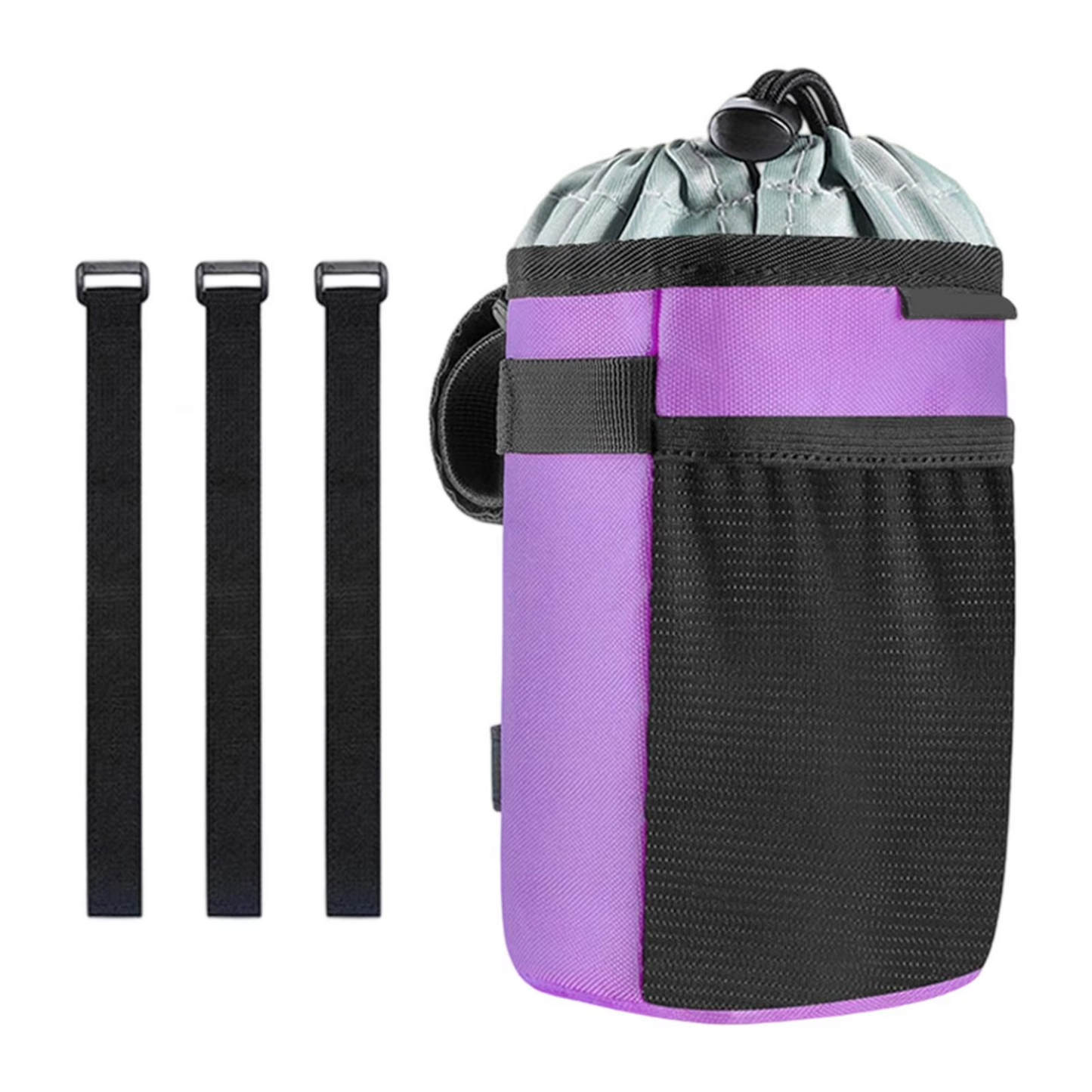The Tampa Bay eBikes Color Splash Cup/Bottle Holder with Pocket features a purple and black design, drawstring closure, mesh pocket, and three black adjustable straps—offering a universal fit for added convenience.