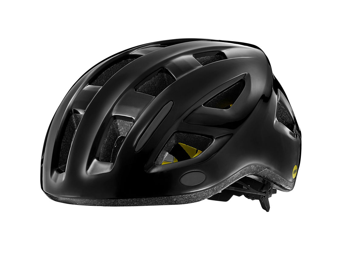 A black Giant Relay Panther Black helmet isolated on a white background with Mips protection.