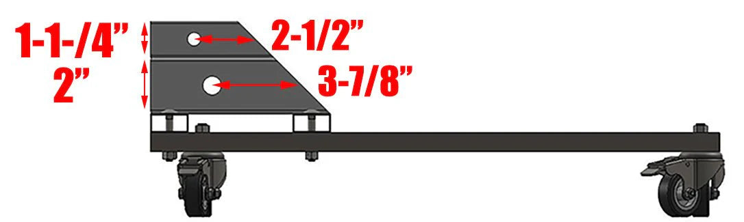 Side view of the Hollywood Racks - Rack Valet showing hole distances—1-1/4", 2", 2-1/2", and 3-7/8"—on the angled metal bracket, ensuring a secure, no-wobble fit and versatile compatibility.