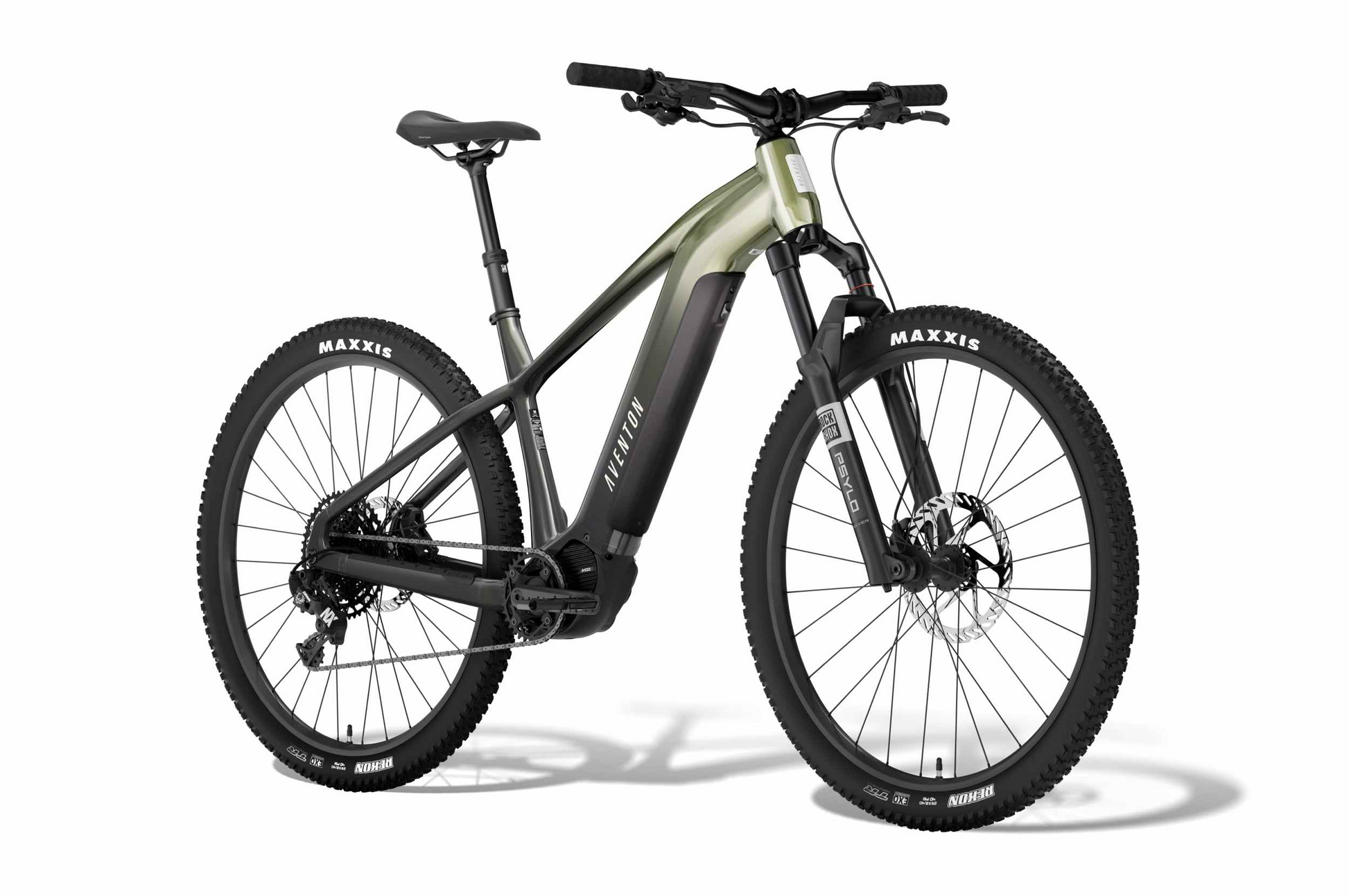 The Aventon Ramblas ADV by Aventon is a matte black and green electric mountain bike with a mid-drive motor, Maxxis tires, front suspension fork, and streamlined frame, shown on a white background.