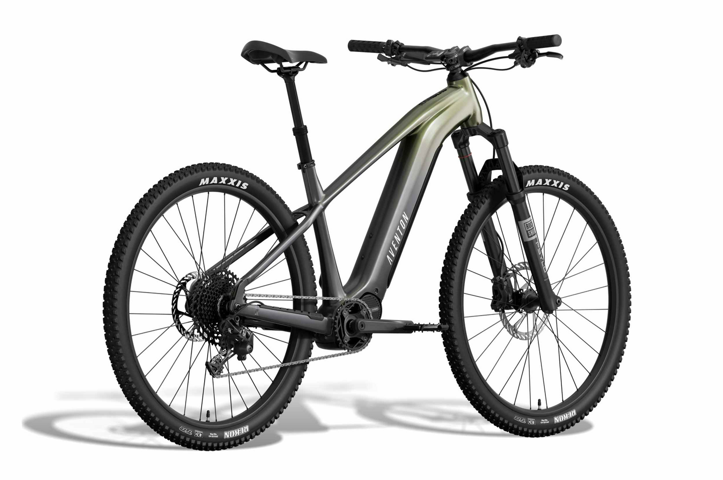 Aventon Ramblas ADV electric mountain bike by Aventon, featuring a matte black and green frame, front suspension, thick knobby tires, and a sturdy build, is displayed against a white background.